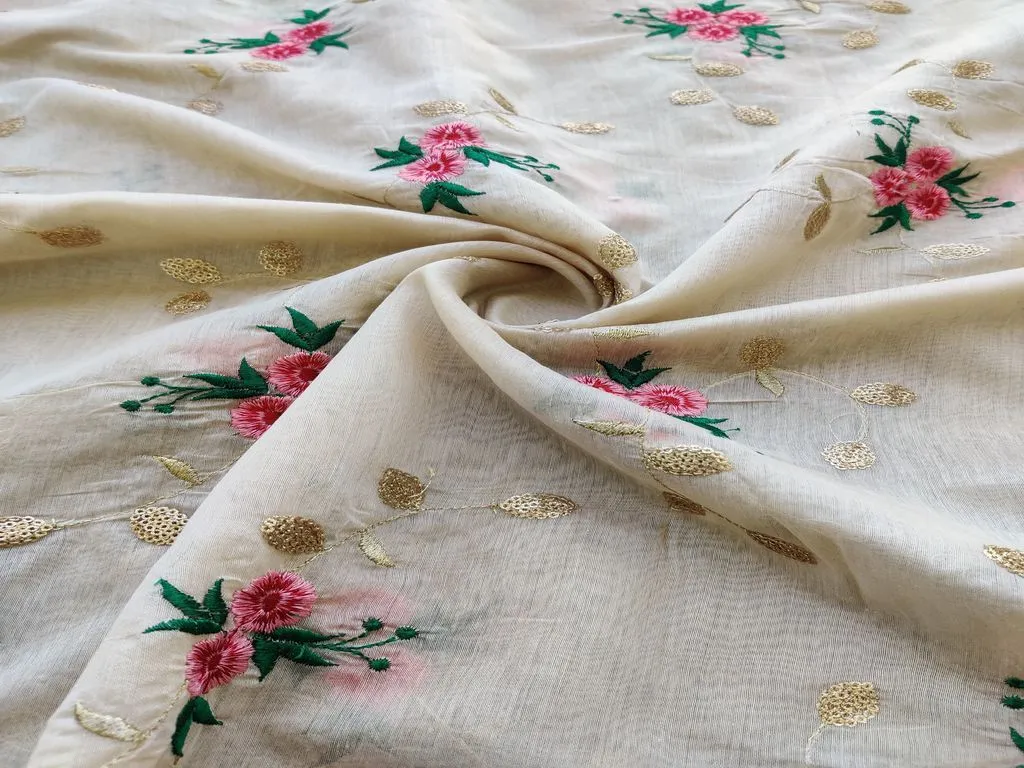 Beige Floral Sequins & Thread Embroidered Chanderi Fabric
