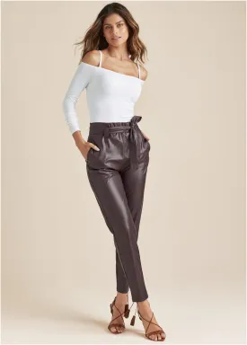 Belted Faux-Leather Pants - Dark Brown