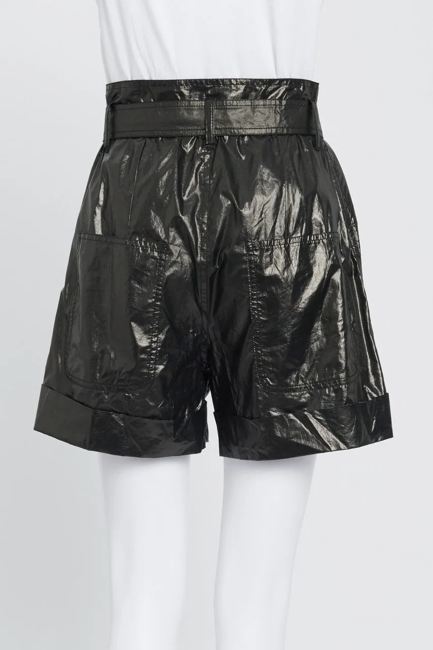 Black Shiny Cotton High-Waist Shorts