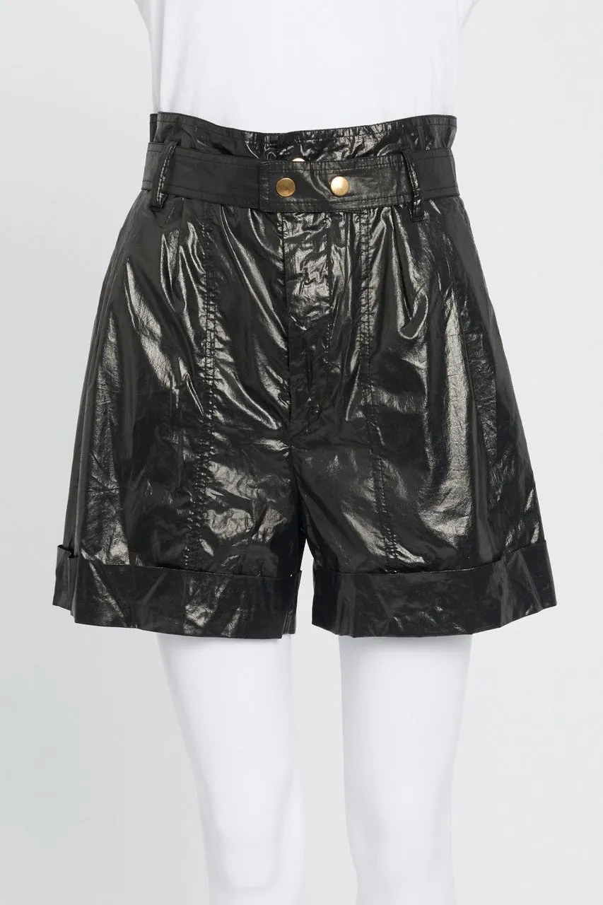 Black Shiny Cotton High-Waist Shorts