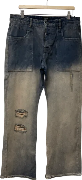 boohooMan Blue Relaxed Rigid Gusset Flare Tinted Jeans UK M