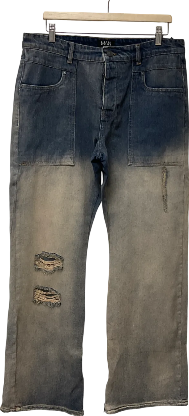 boohooMan Blue Relaxed Rigid Gusset Flare Tinted Jeans UK M