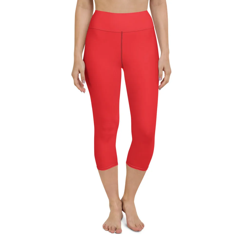Bright Red Yoga Capri Leggings, Red Solid Color Women's Capris Tights-Made in USA/EU/MX