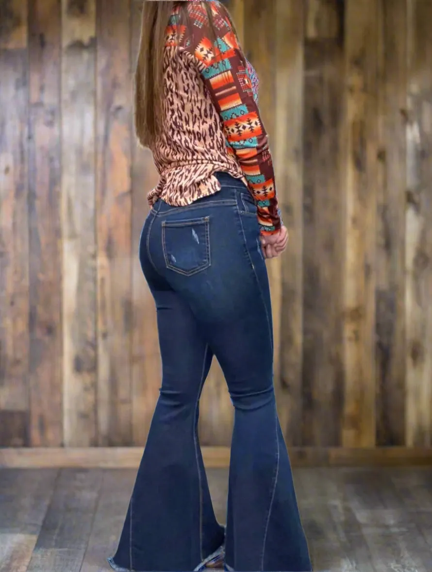Dark Distressed Flare Jeans L18018