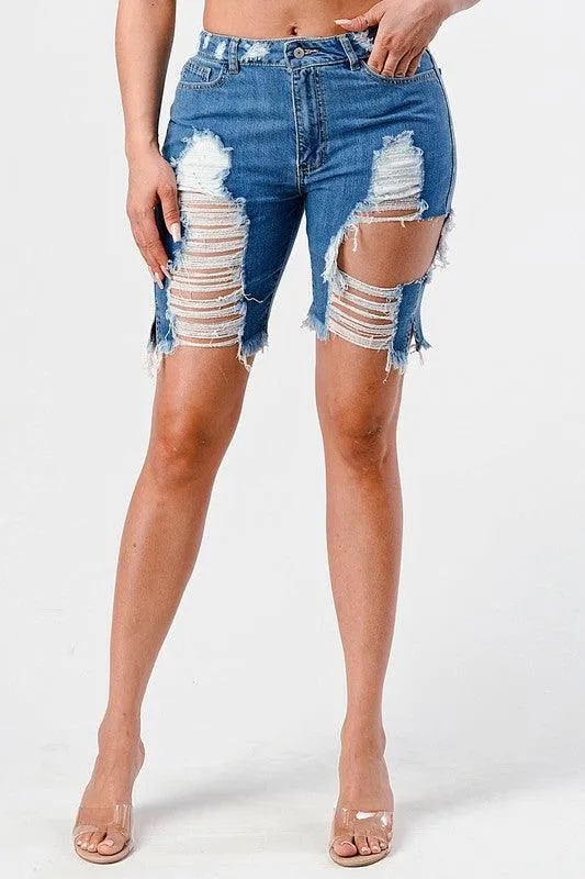 Destroyed Mid Rise Bermuda Shorts
