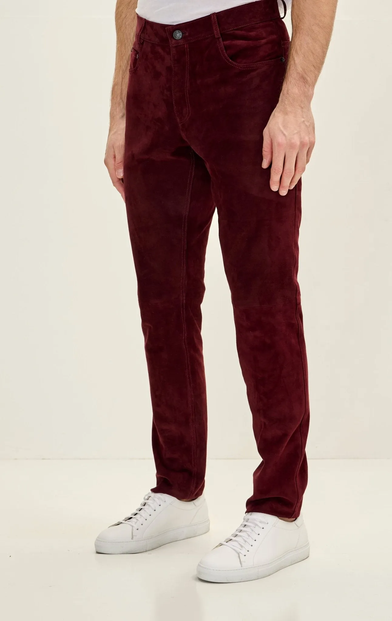 Genuine Lambskin Fitted Suede Pants - Wine