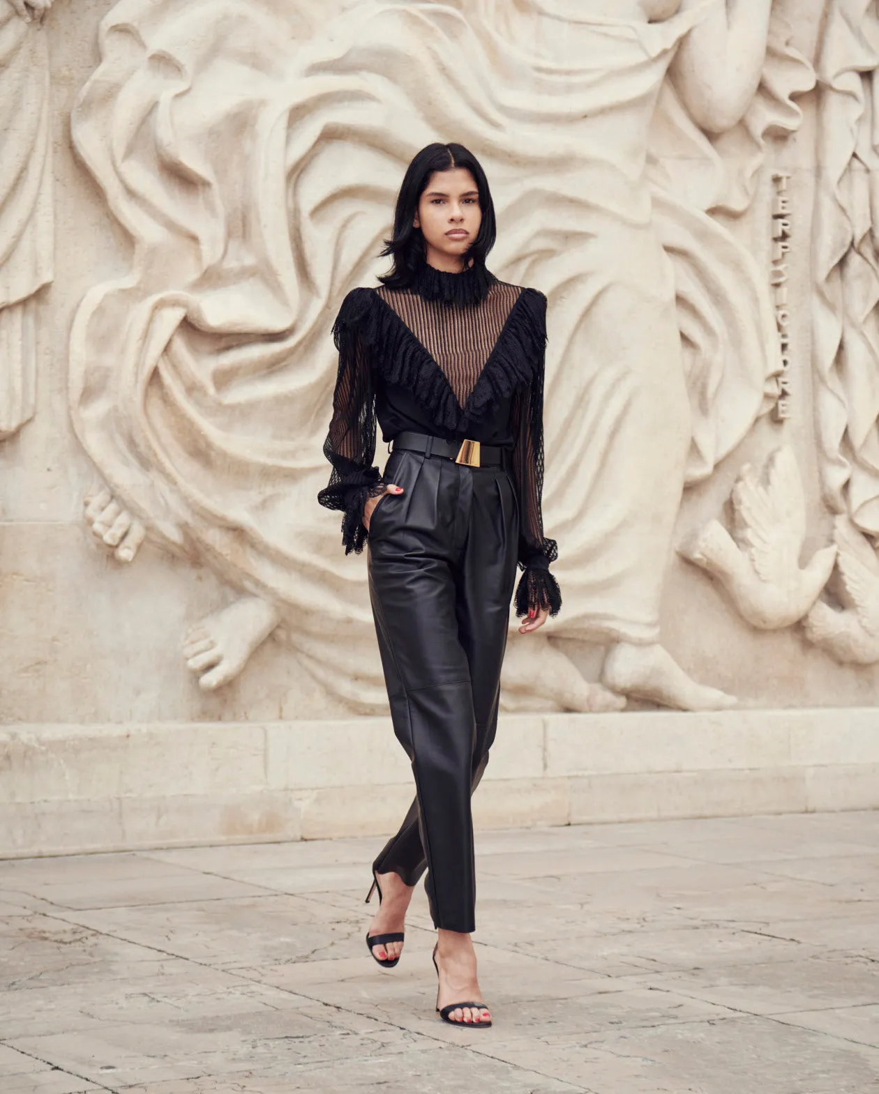 Lambskin Leather Pleated Tapered Pants