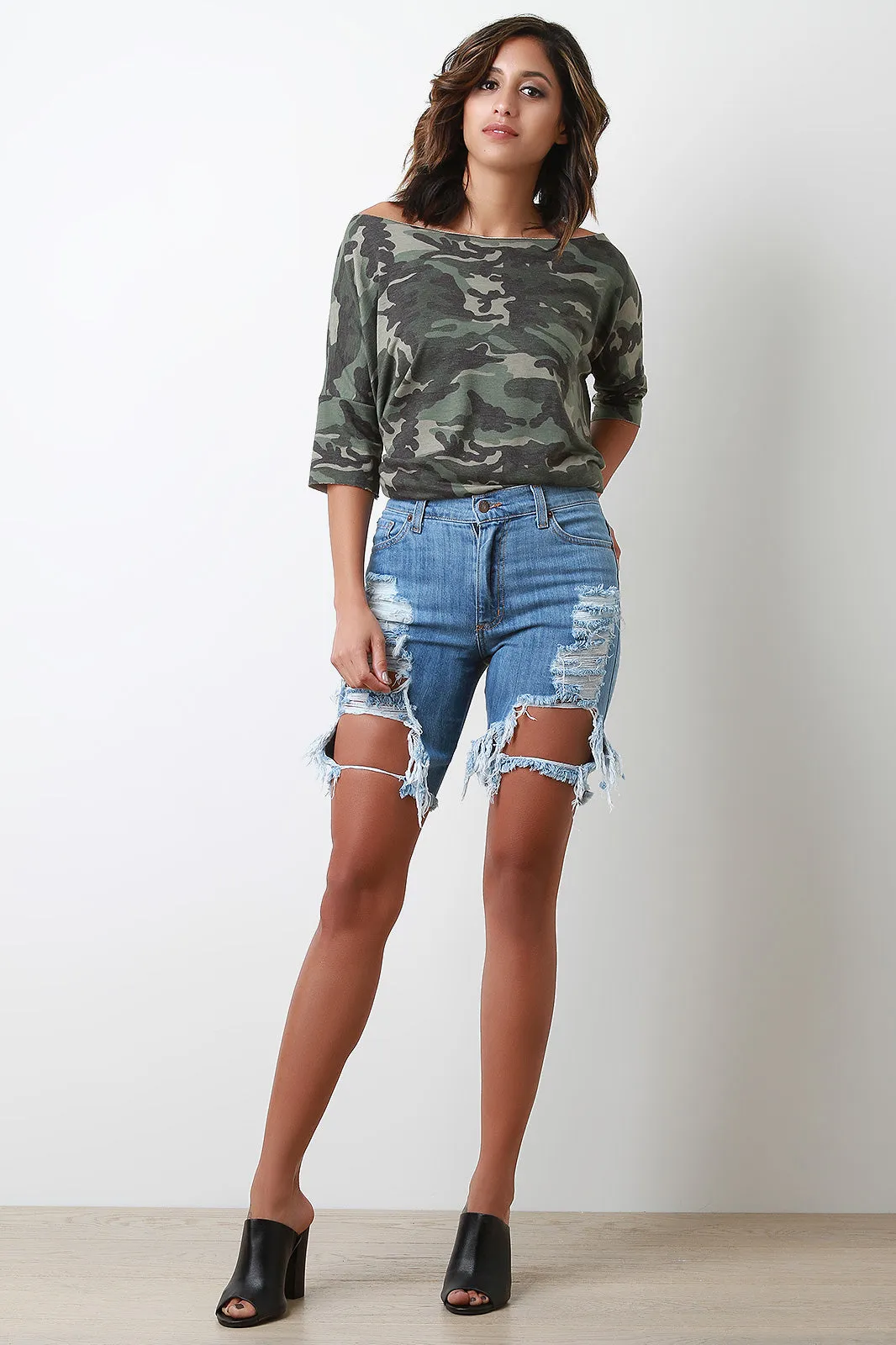 Mid Rise Destroyed Bermuda Shorts