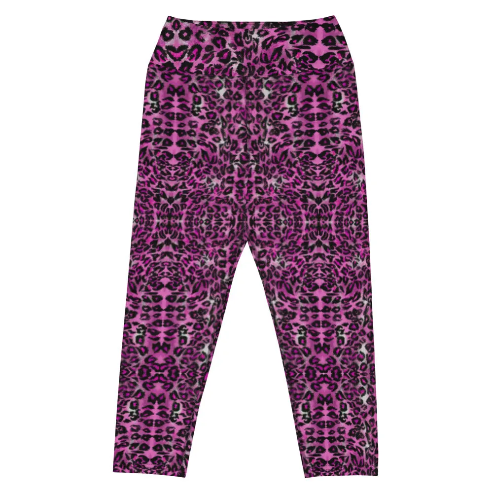 Pink Leopard Yoga Capri Leggings, Leopard Animal Print Women's Capris Tights-Made in USA/EU/MX