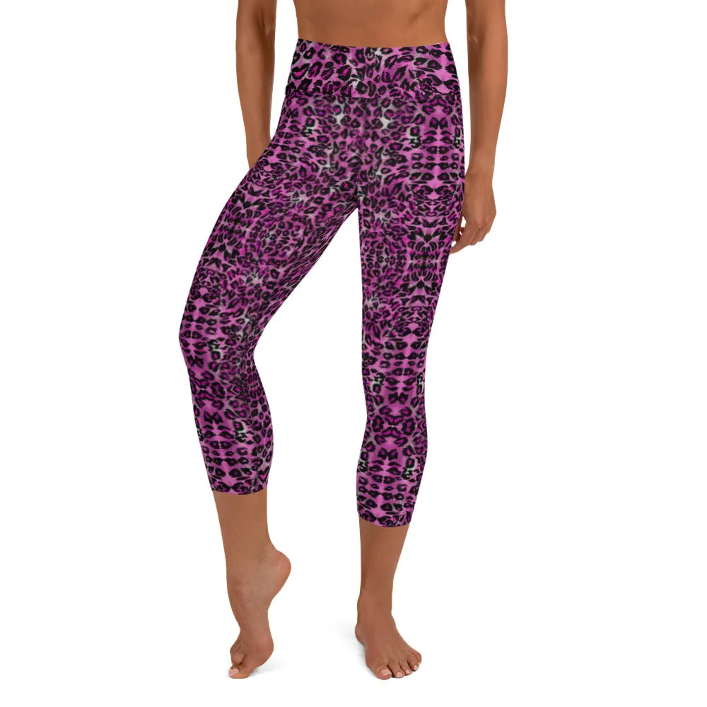 Pink Leopard Yoga Capri Leggings, Leopard Animal Print Women's Capris Tights-Made in USA/EU/MX