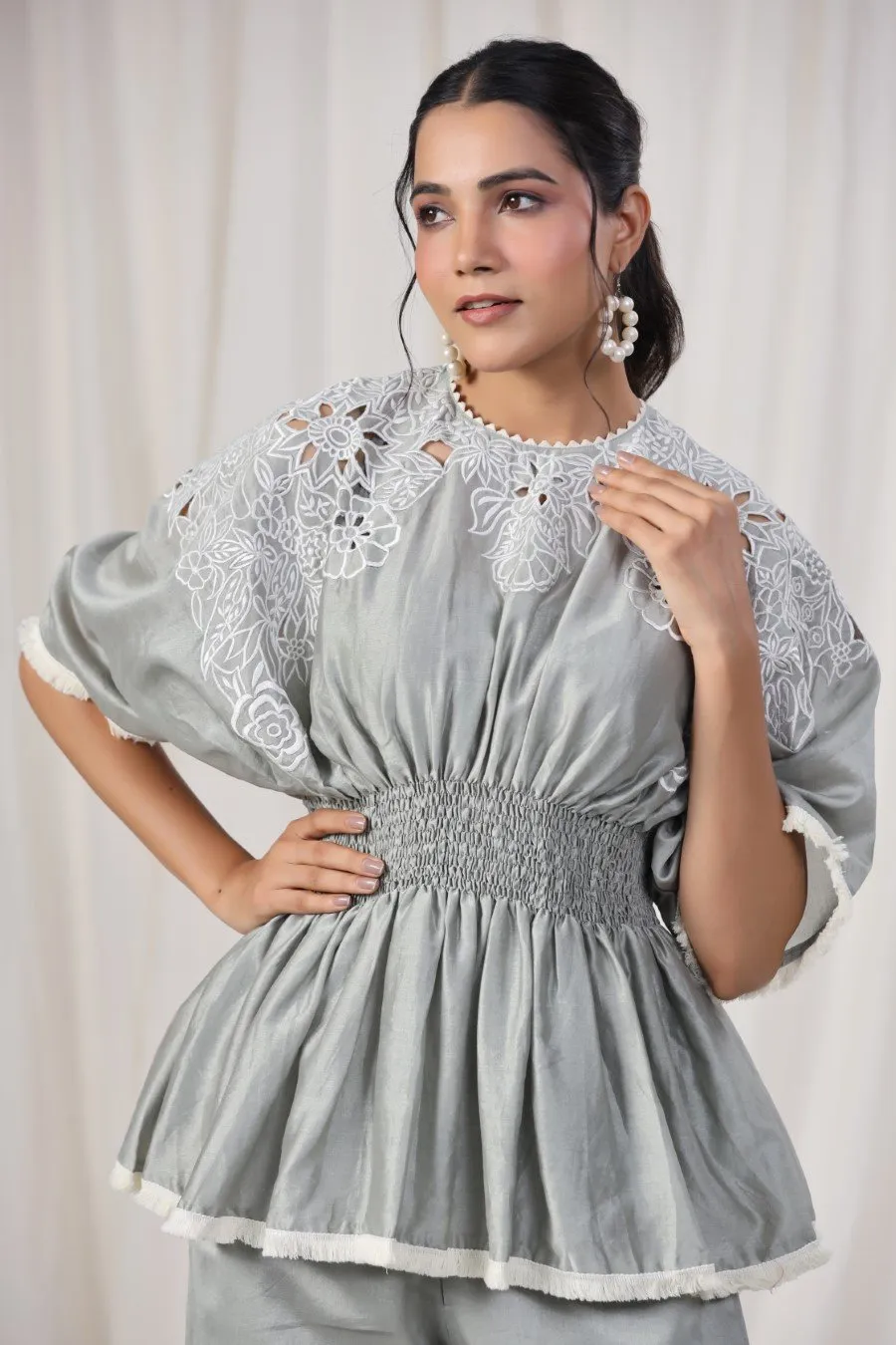 Powder Grey Embroidered Lotus Silk Co-ord Set
