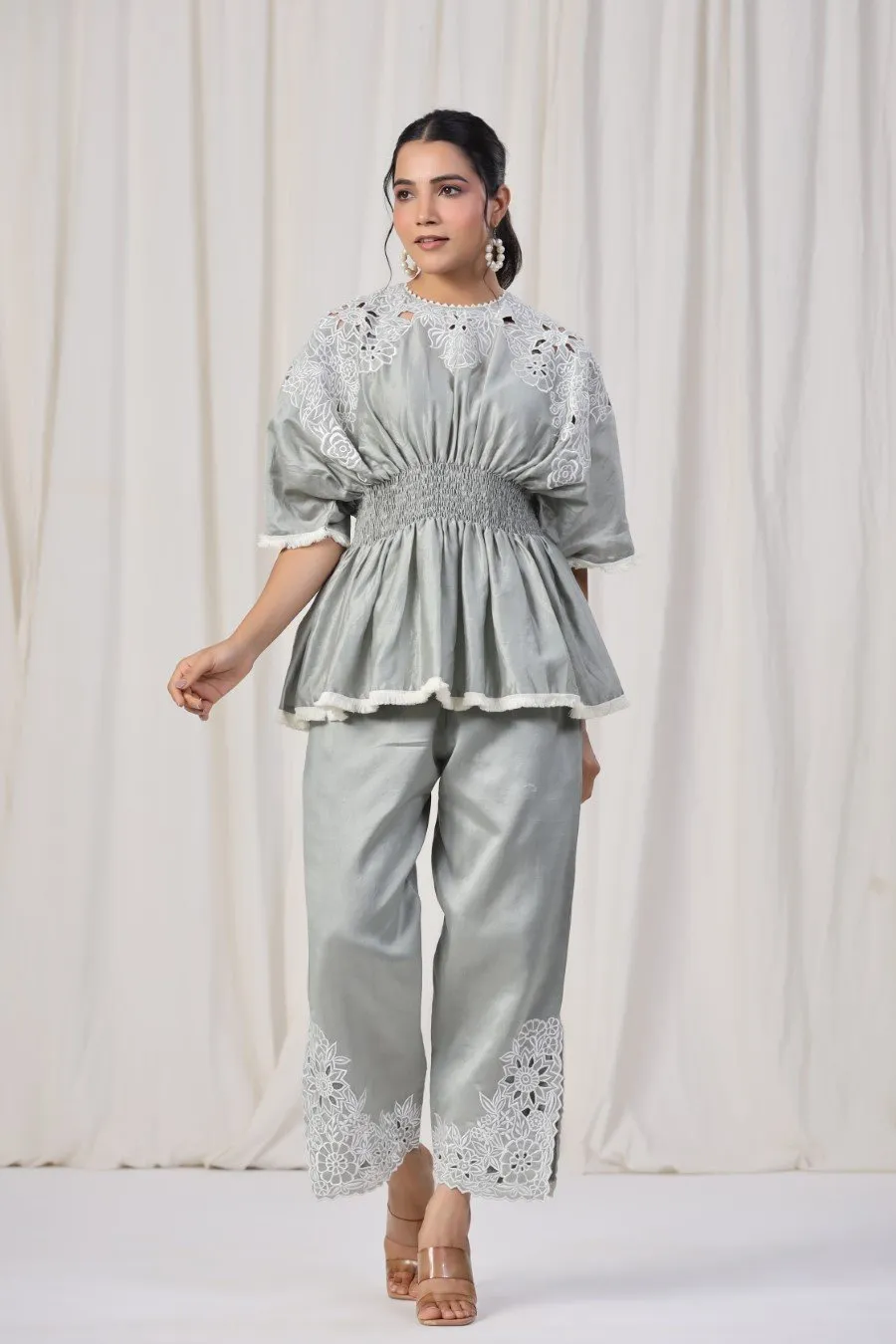 Powder Grey Embroidered Lotus Silk Co-ord Set