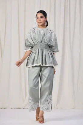Powder Grey Embroidered Lotus Silk Co-ord Set