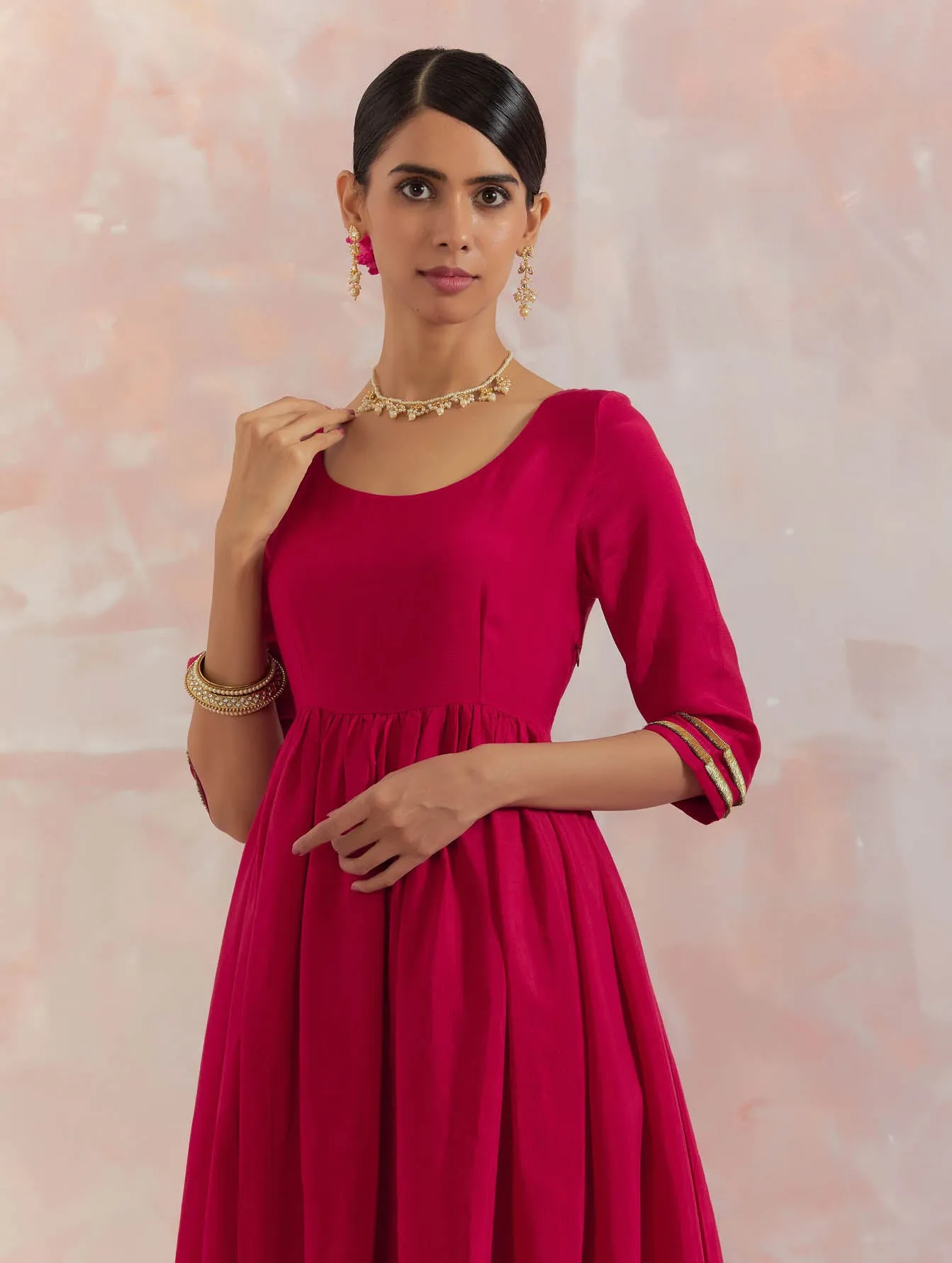 Red Afreen Gathered Anarkali Kurta Set (Set Of 3)