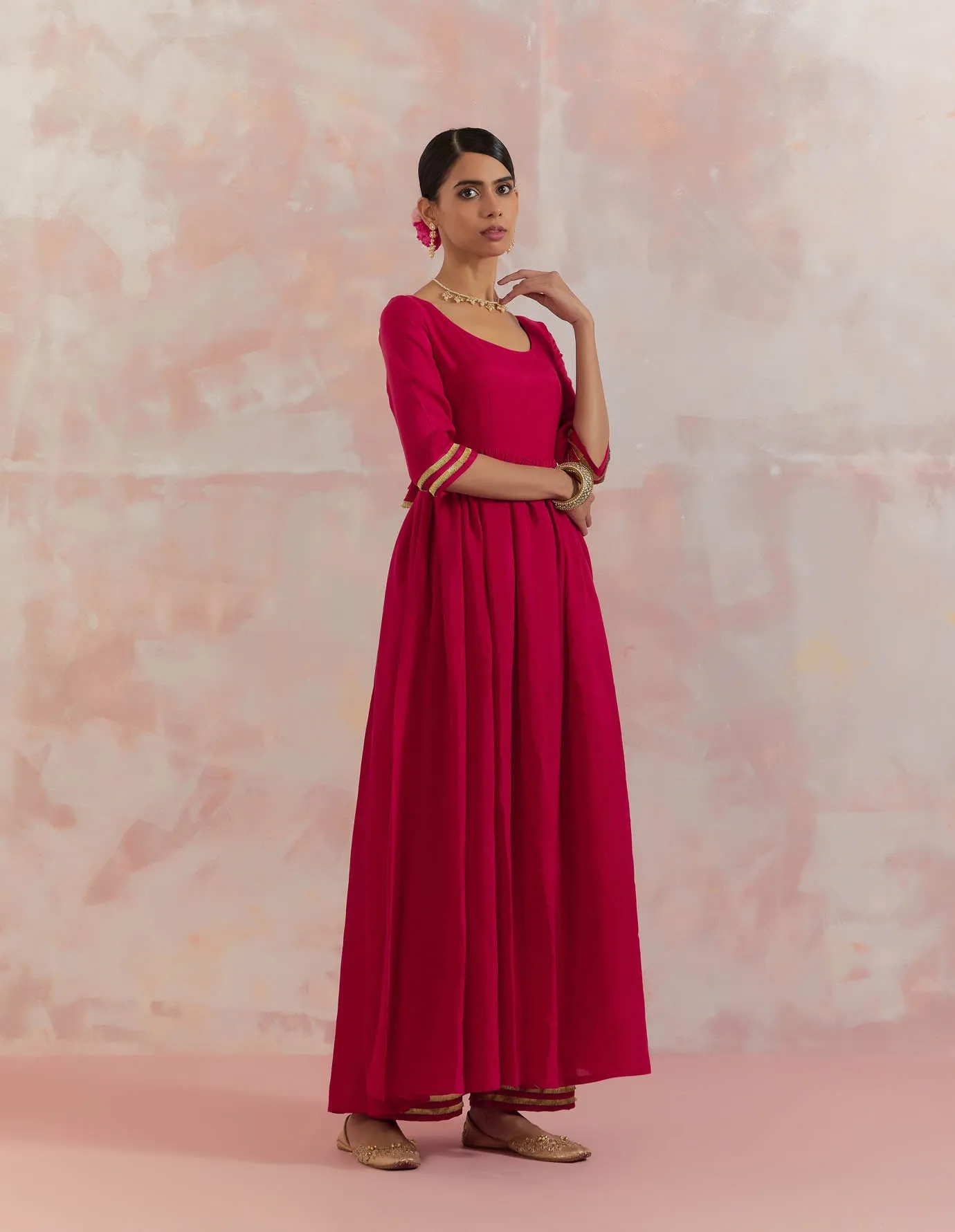 Red Afreen Gathered Anarkali Kurta Set (Set Of 3)
