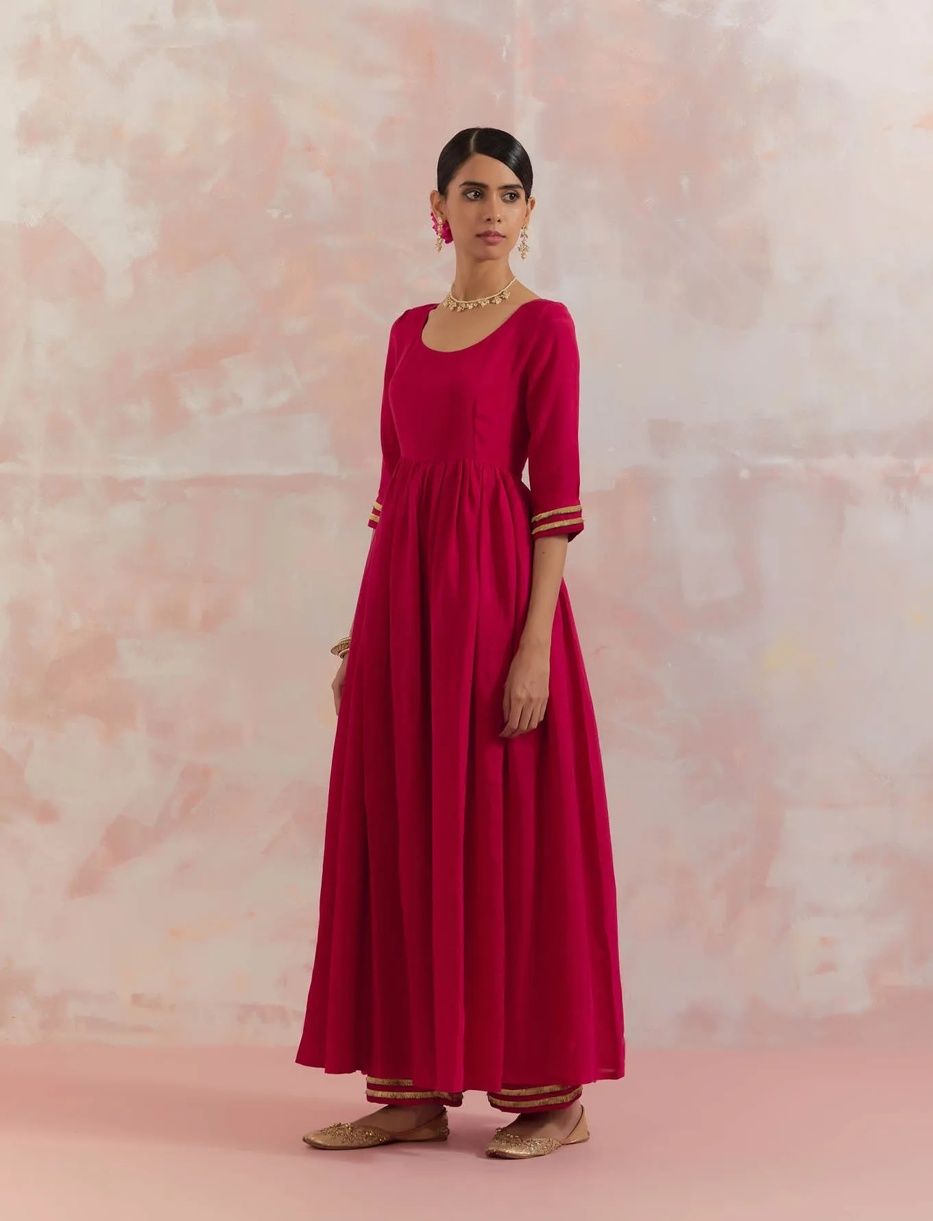 Red Afreen Gathered Anarkali Kurta Set (Set Of 3)