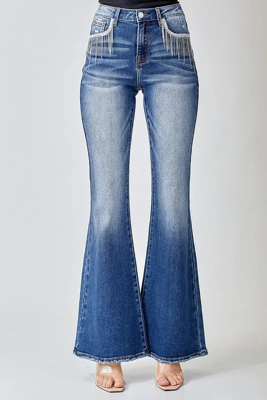 Risen High Rise Rhinestone Flare Jeans