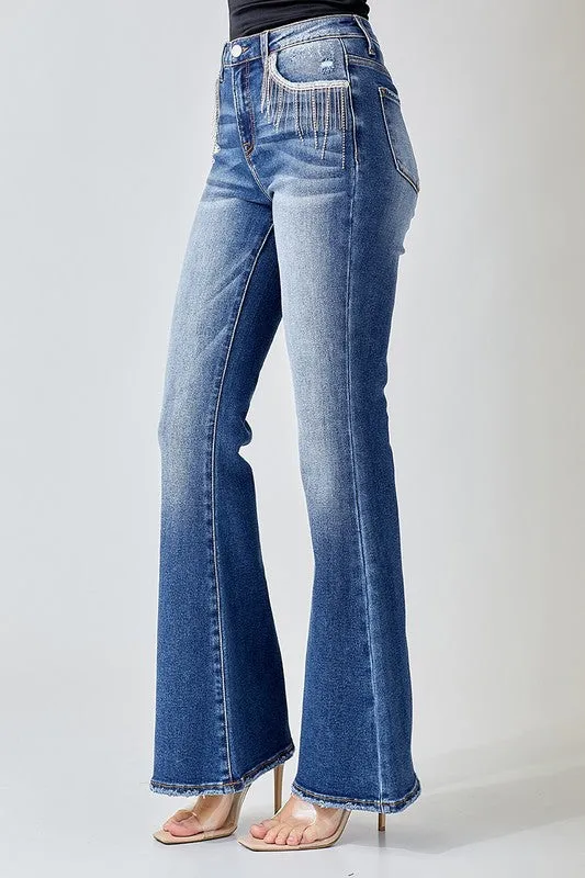 Risen High Rise Rhinestone Flare Jeans