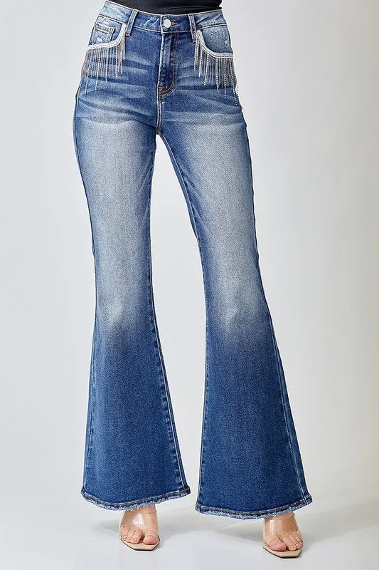 Risen High Rise Rhinestone Flare Jeans