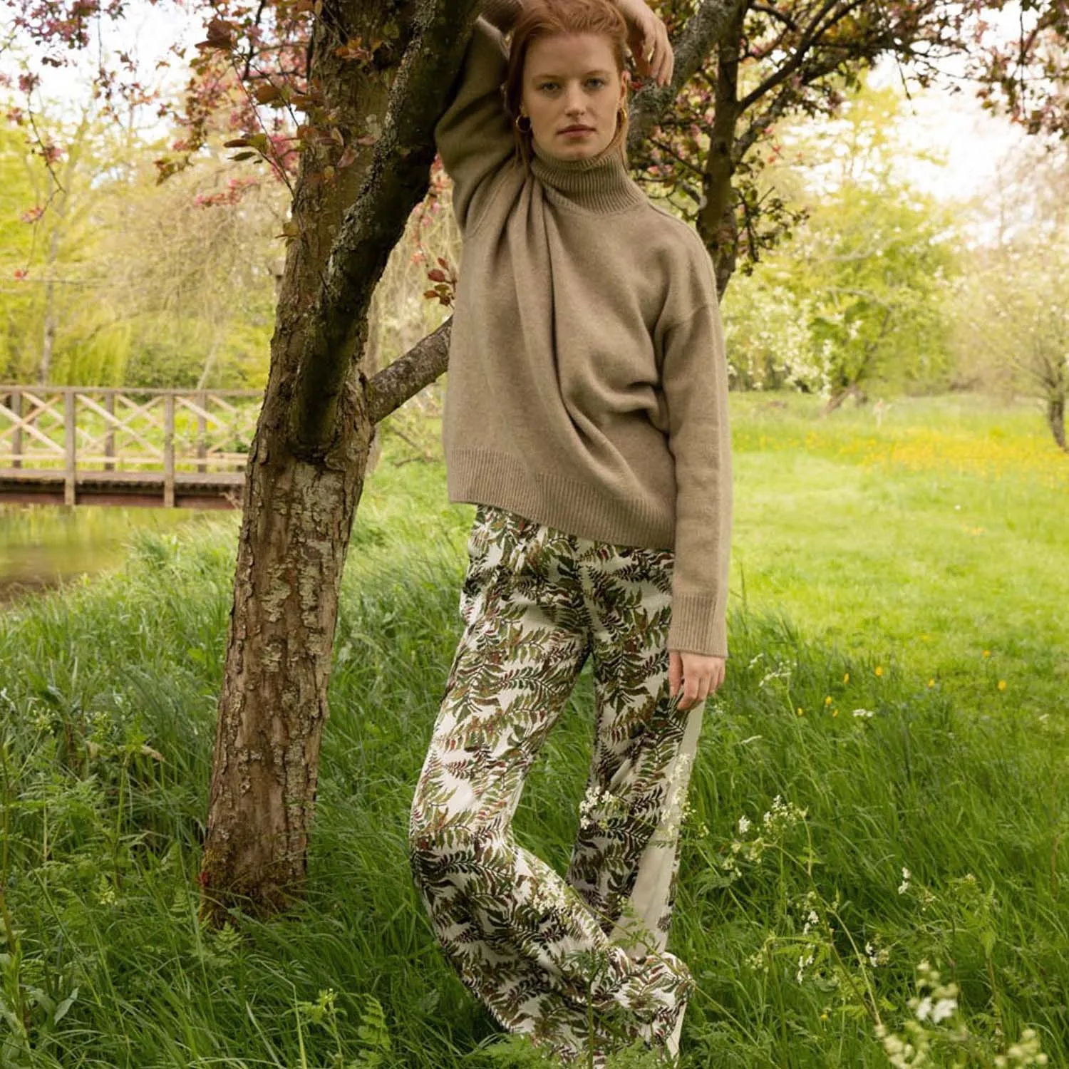 Silk Trousers in Fern with Stripe
