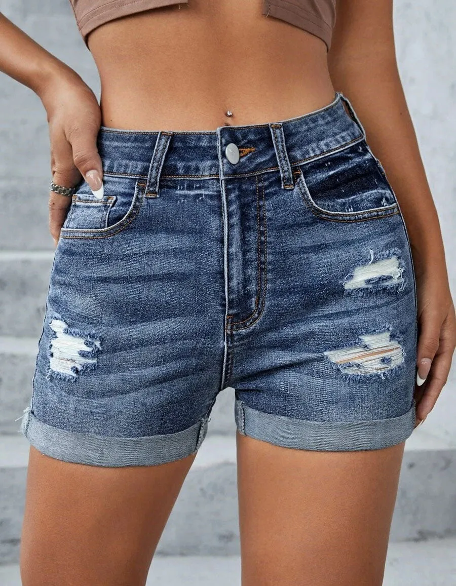 Solid-color Ripped High Waist Slim Denim Shorts
