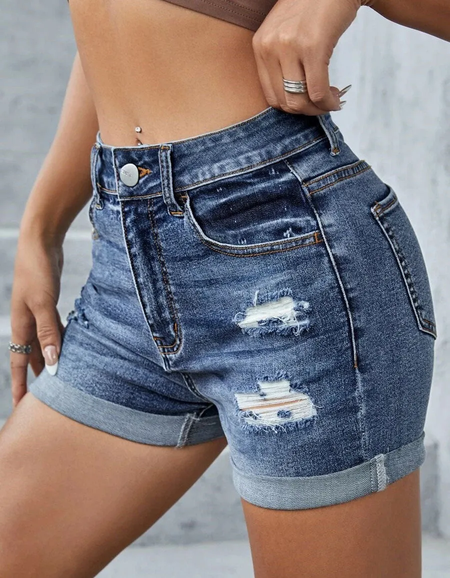 Solid-color Ripped High Waist Slim Denim Shorts