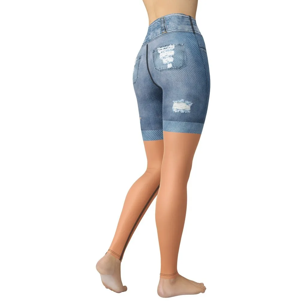 Tan Tone Denim Shorts Print Yoga Leggings