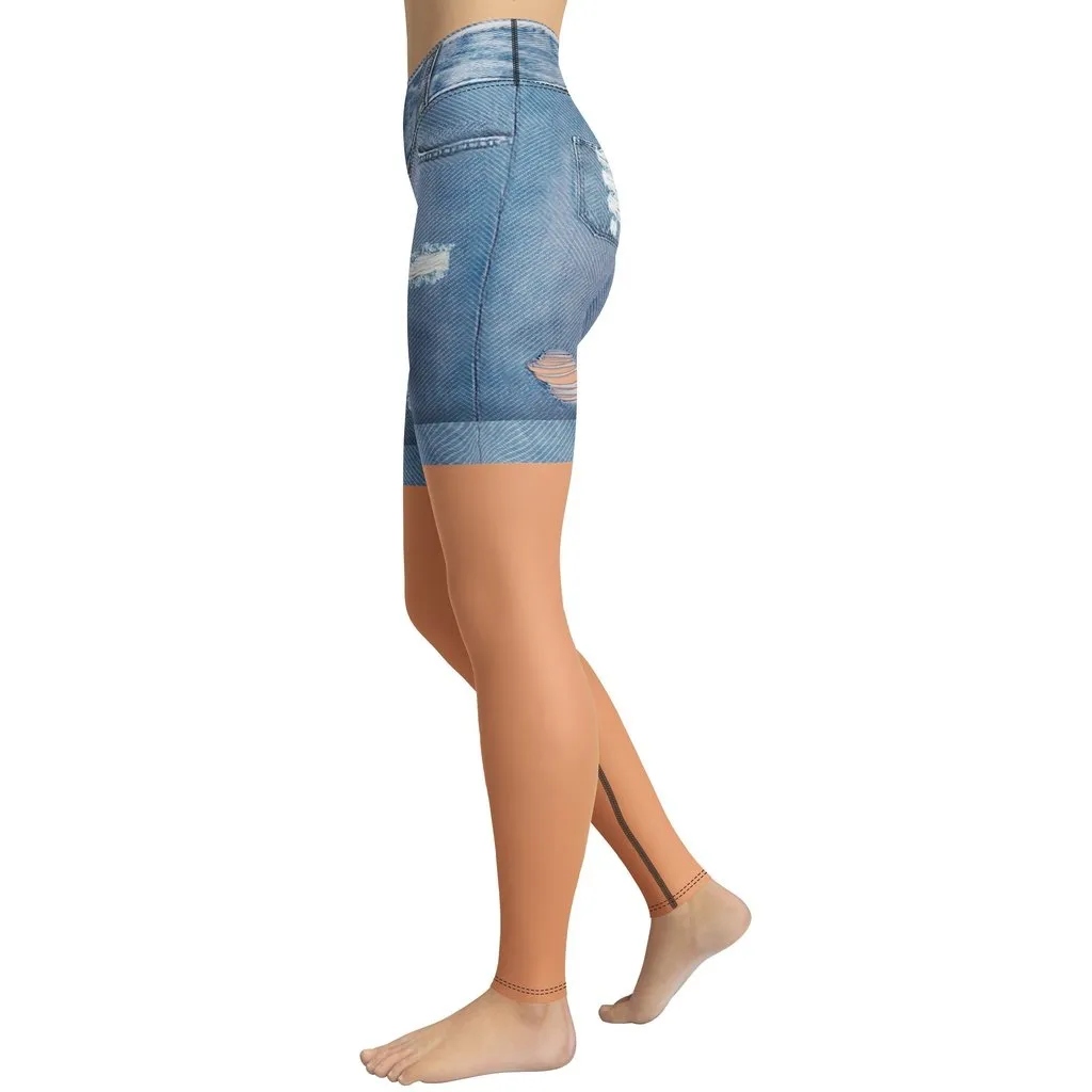 Tan Tone Denim Shorts Print Yoga Leggings