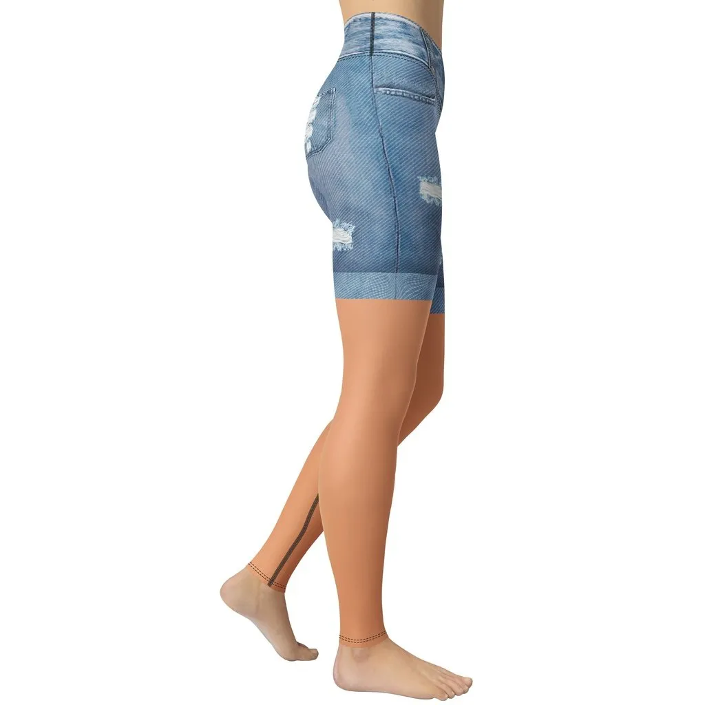 Tan Tone Denim Shorts Print Yoga Leggings