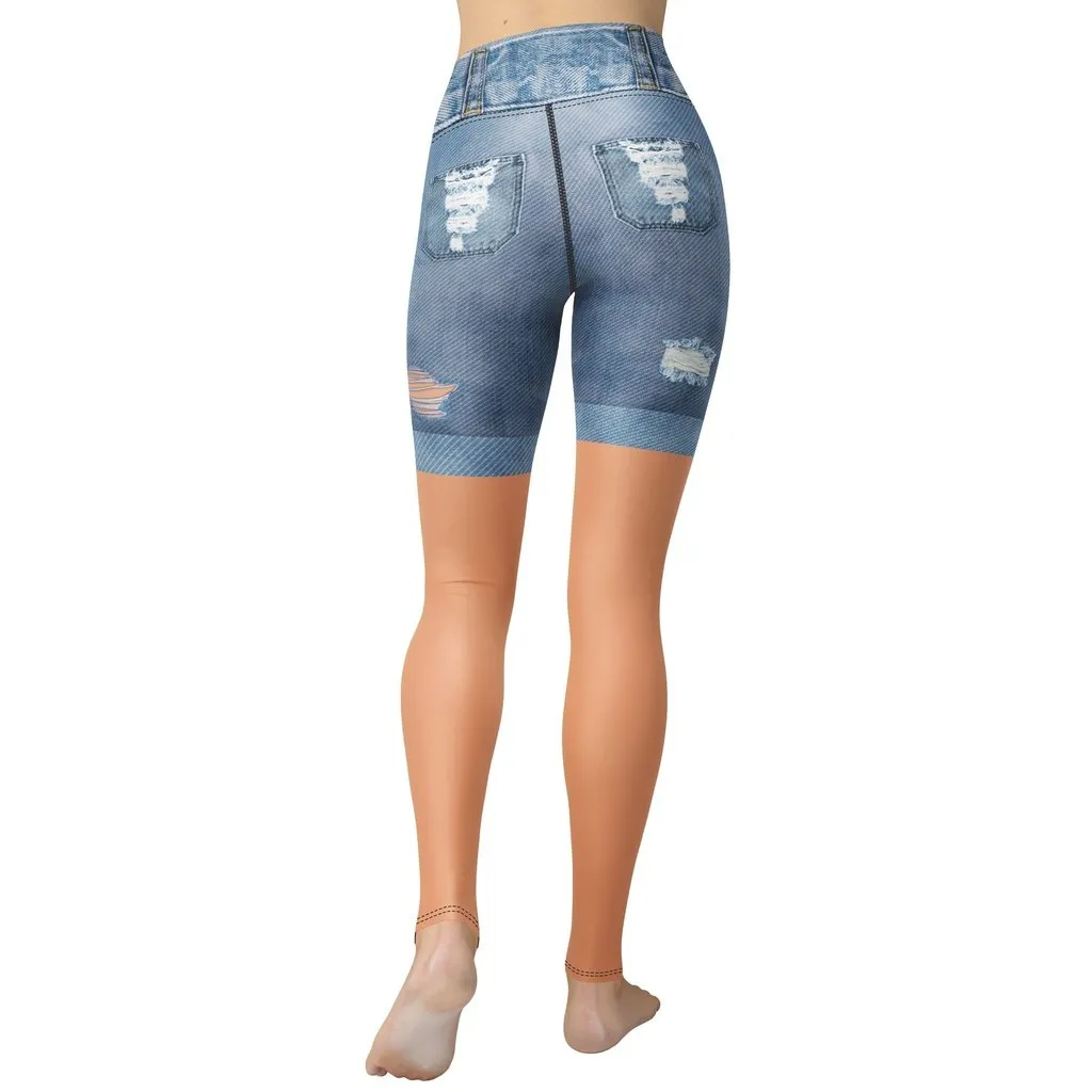 Tan Tone Denim Shorts Print Yoga Leggings