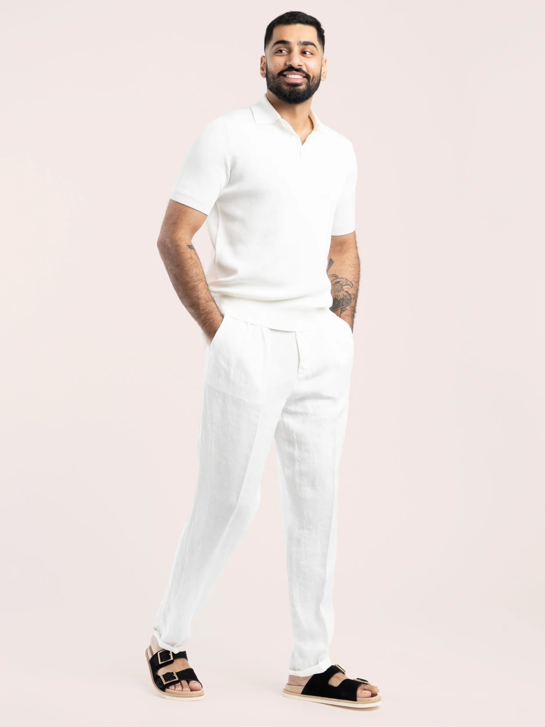 White Garment-Dyed Linen Gabardine Trousers