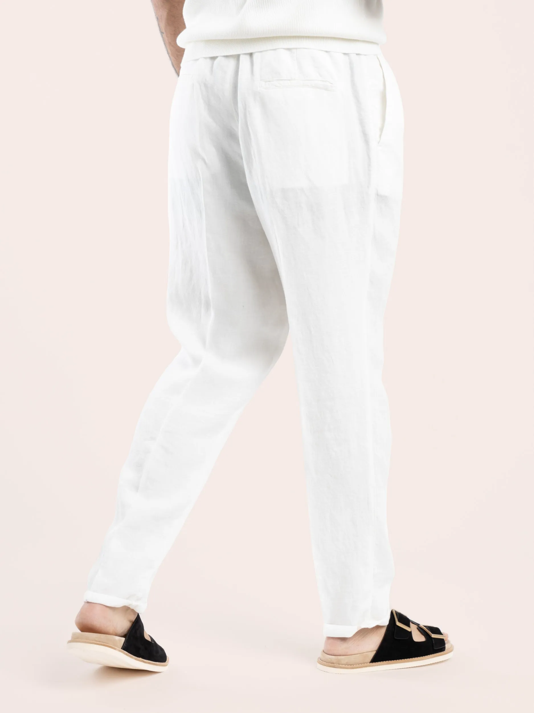 White Garment-Dyed Linen Gabardine Trousers