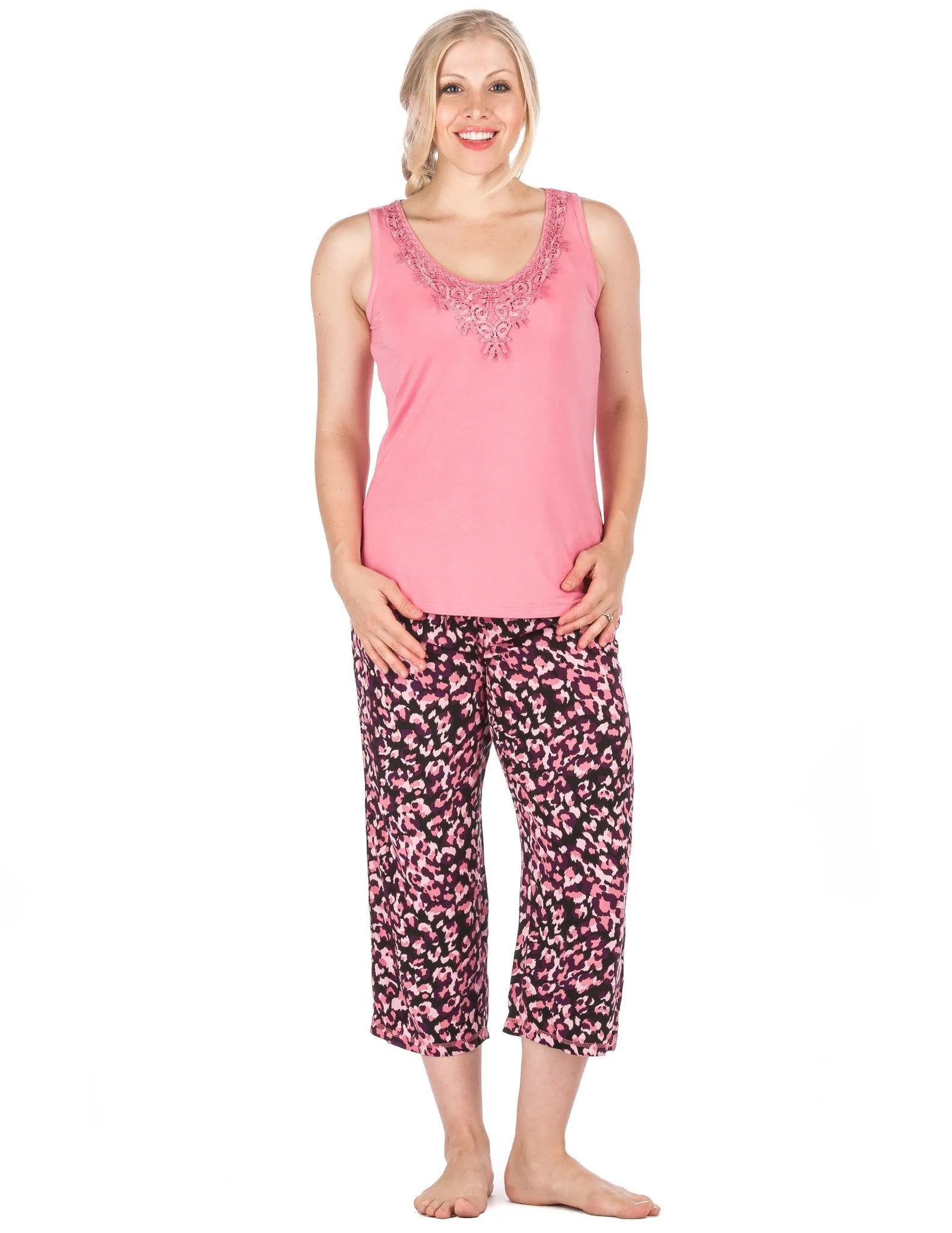 Women's Cool Breeze Woven Capri Lounge Set - Leopard - Purple/Pink