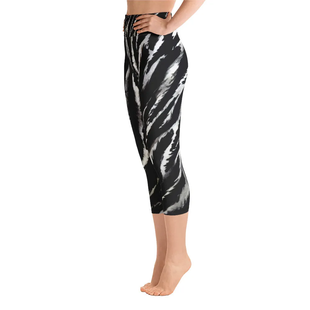 Zebra Striped Yoga Capri Leggings, Animal Print Women's Tights- Made in USA/EU (XS-XL)